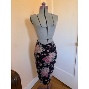 Express Womens Floral Midi Skirt Black Pink Rose Cotton Blend Bodycon Size XS